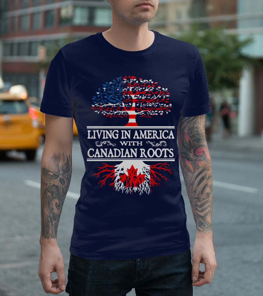 Living in America with Canadian Roots Tree Flag T-Shirt