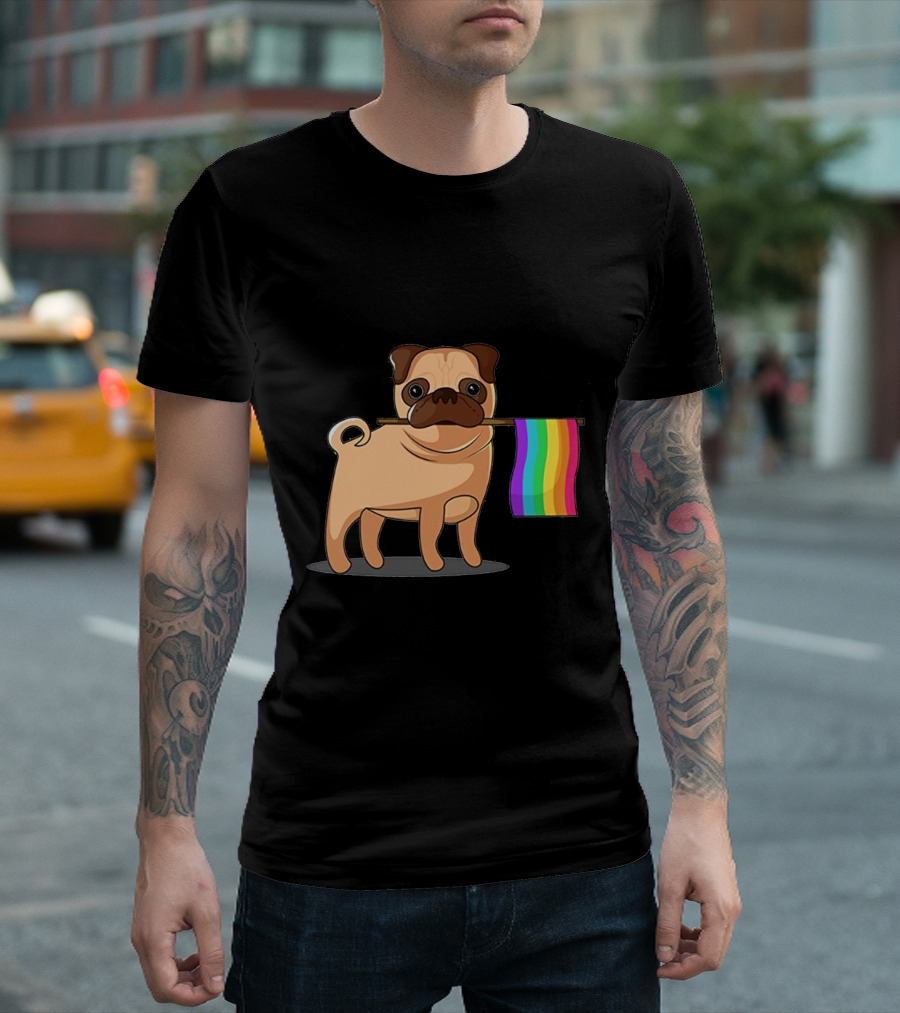 Pug Holding Rainbow Pride Flag T-Shirt