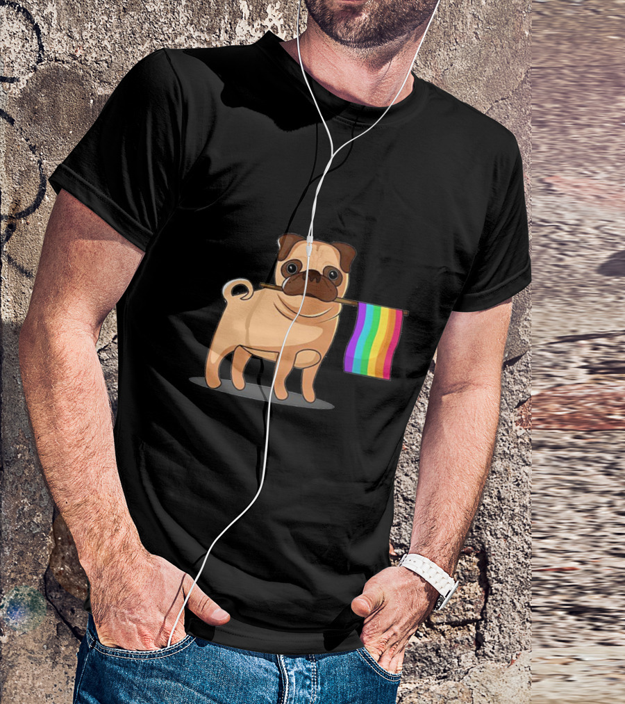 Pug Holding Rainbow Pride Flag T-Shirt