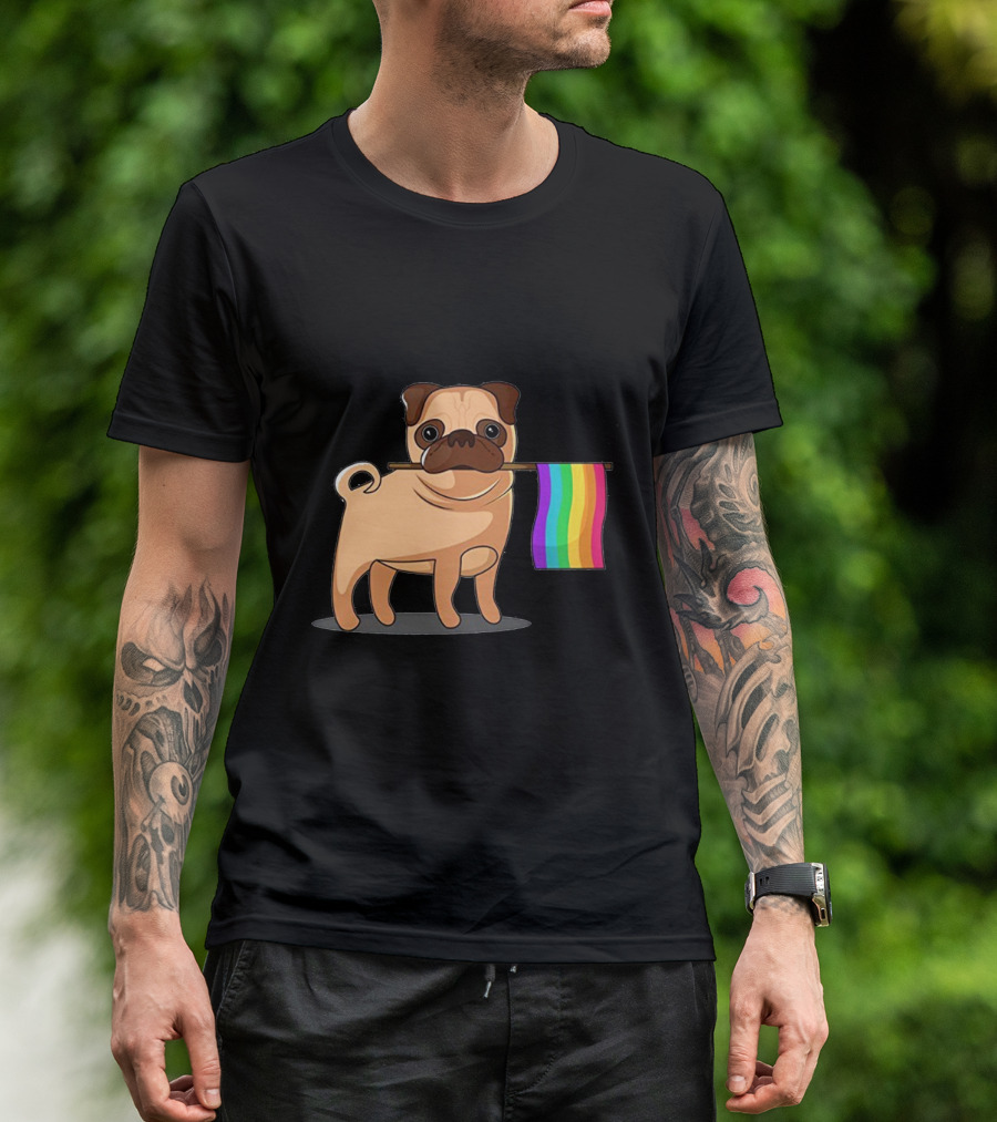 Pug Holding Rainbow Pride Flag T-Shirt