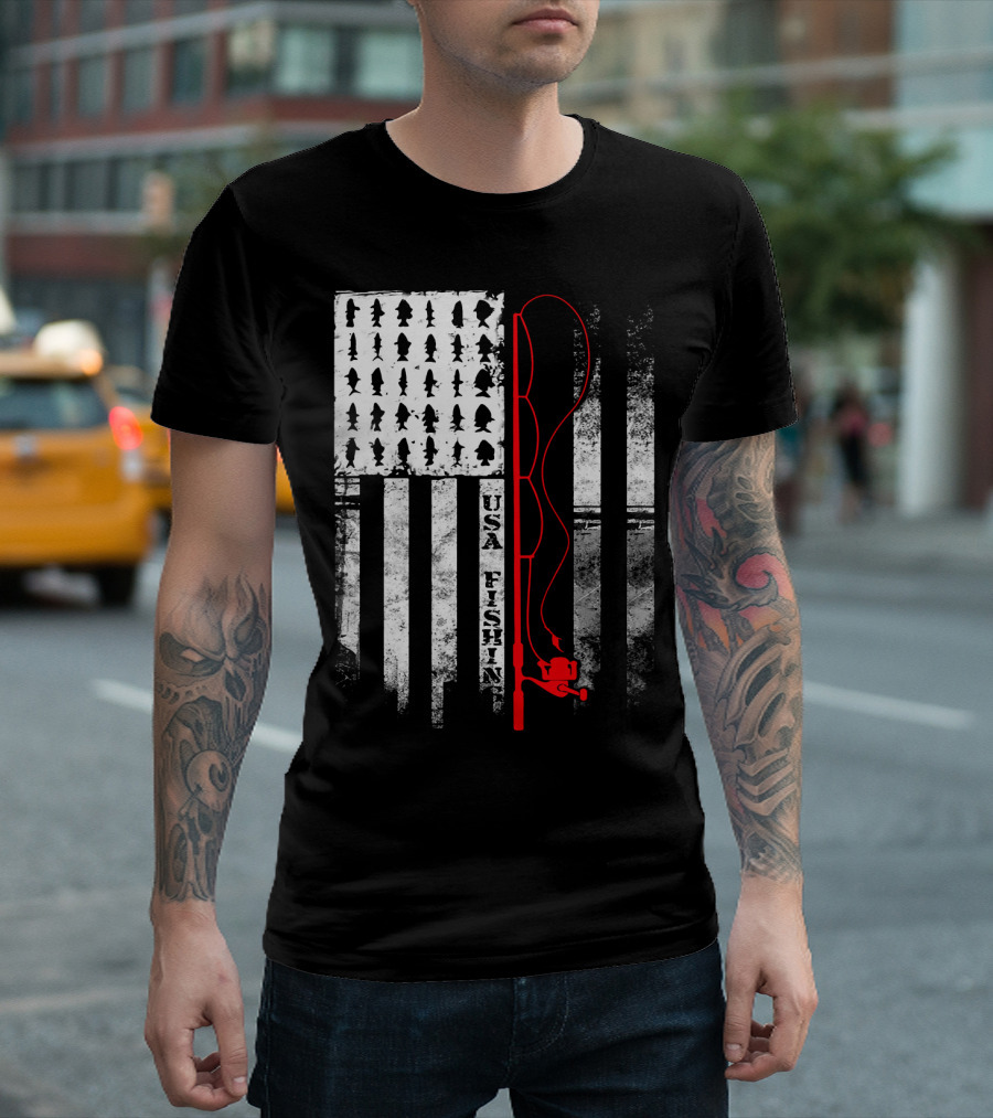 USA Fishing Flag Red Fishing Rod T-Shirt