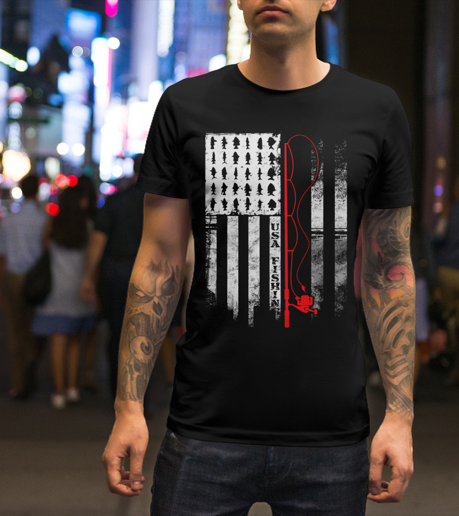 USA Fishing Flag Red Fishing Rod T-Shirt
