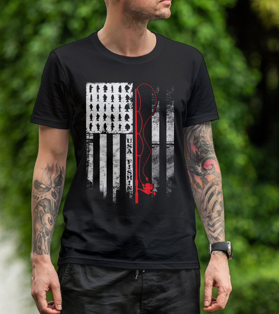 USA Fishing Flag Red Fishing Rod T-Shirt