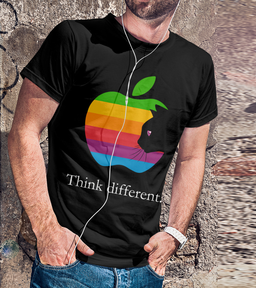 Think Different Apple Logo Rainbow Cat Face T-Shirt