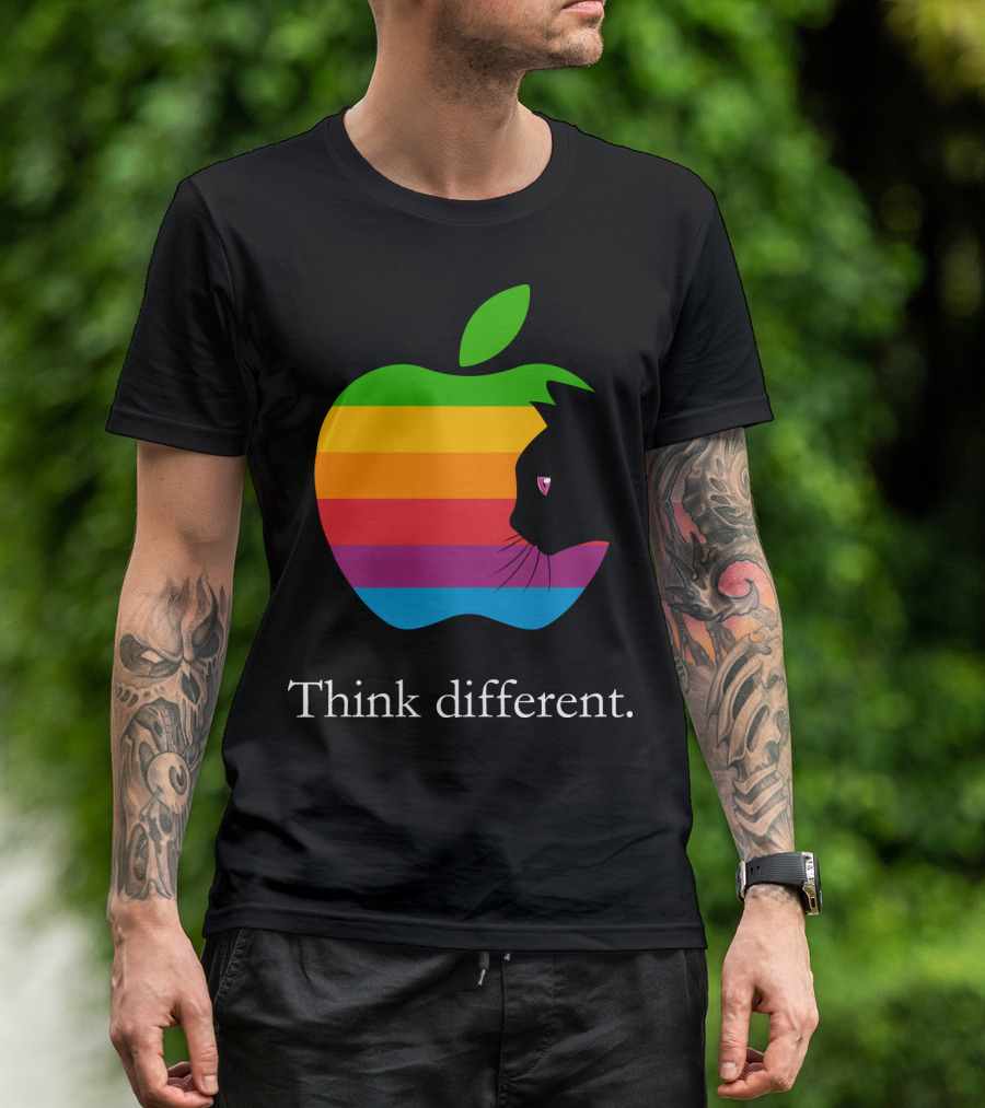 Think Different Apple Logo Rainbow Cat Face T-Shirt