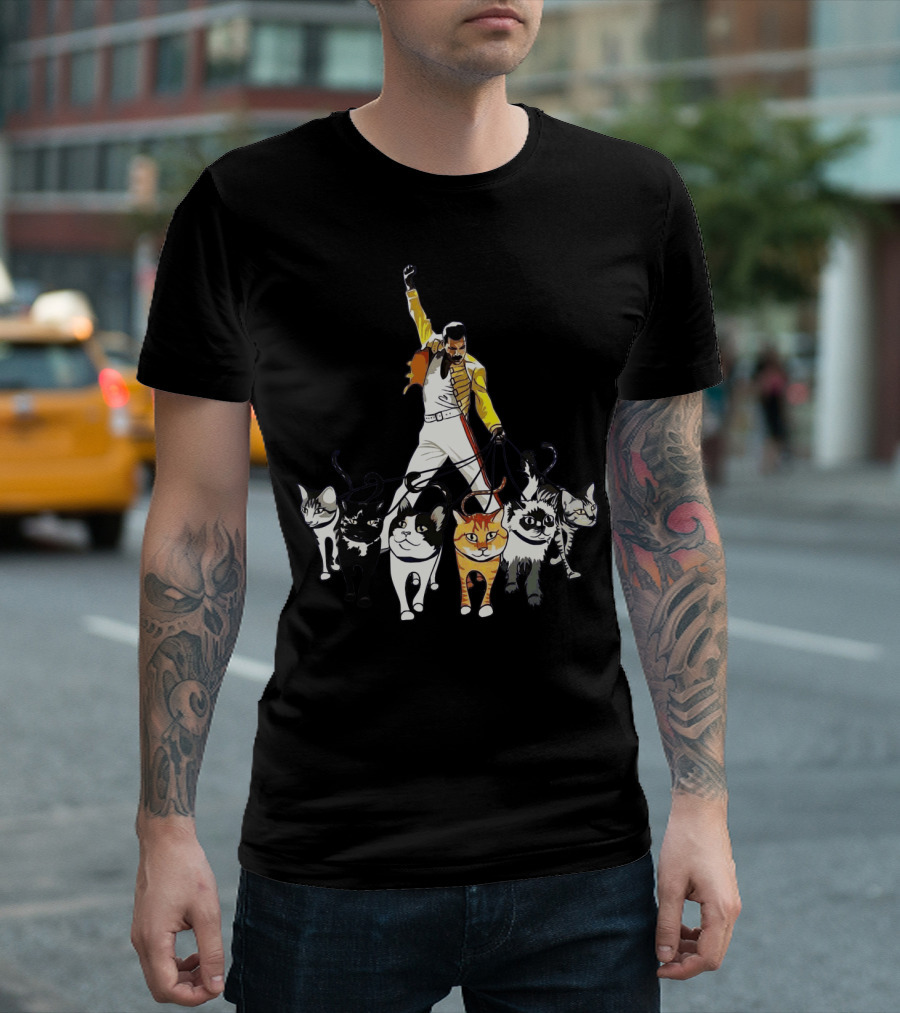 Freddie Cats Iconic Pose with Cats on Leashes T-Shirt