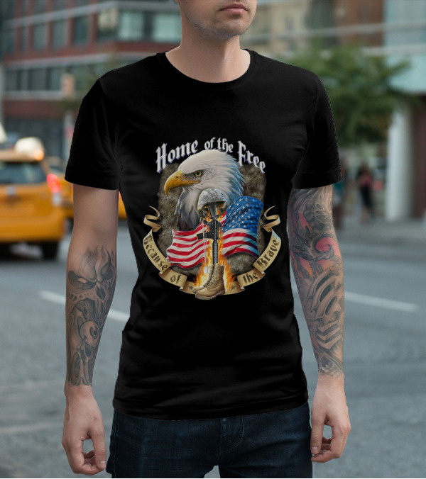Home Of The Free Because Of The Brave American Eagle Soldier Helmet Flag T-Shirt