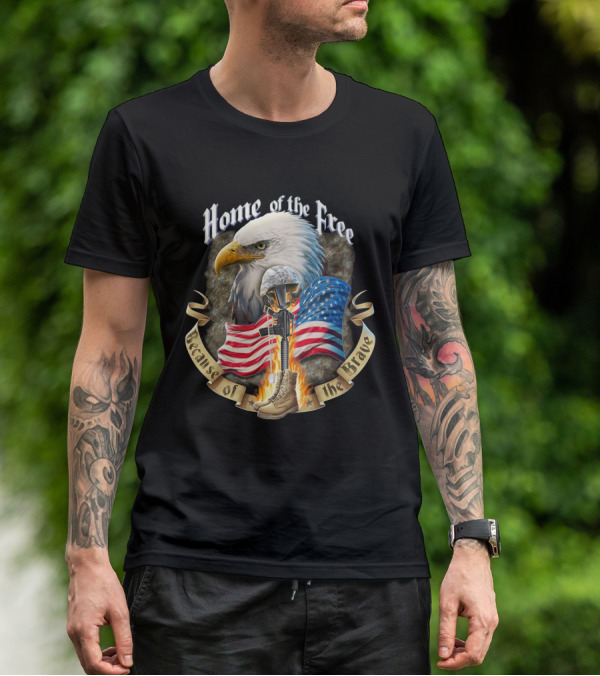 Home Of The Free Because Of The Brave American Eagle Soldier Helmet Flag T-Shirt