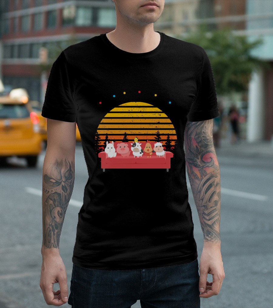 Friends Not Food Animal Characters on Red Couch with Sunset Background T-Shirt
