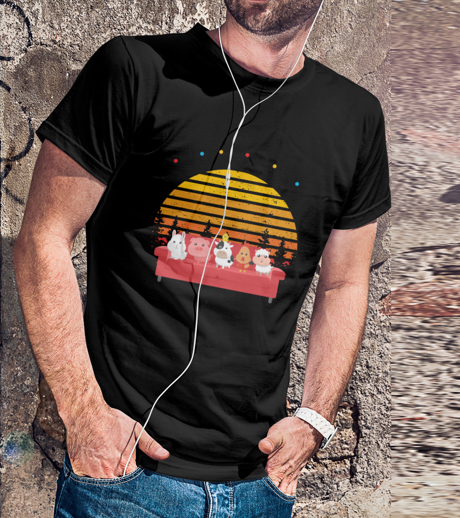 Friends Not Food Animal Characters On Red Couch With Sunset Background T-Shirt