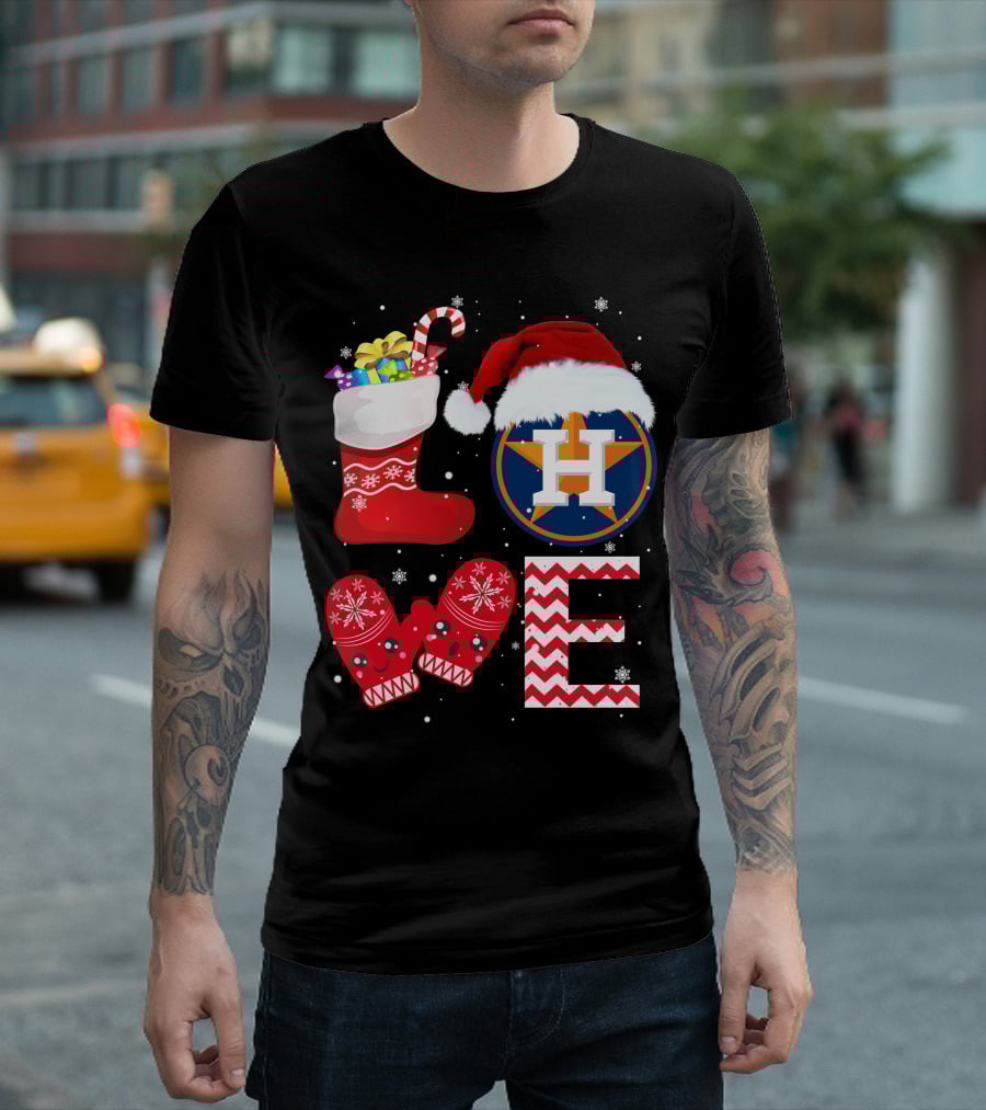 Christmas Love Houston Astros Snowflake Stocking Mittens Santa Hat T-Shirt