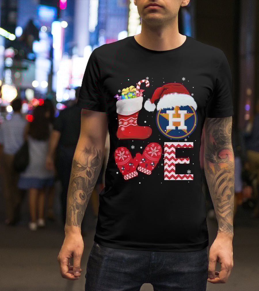 Christmas Love Houston Astros Snowflake Stocking Mittens Santa Hat T-Shirt