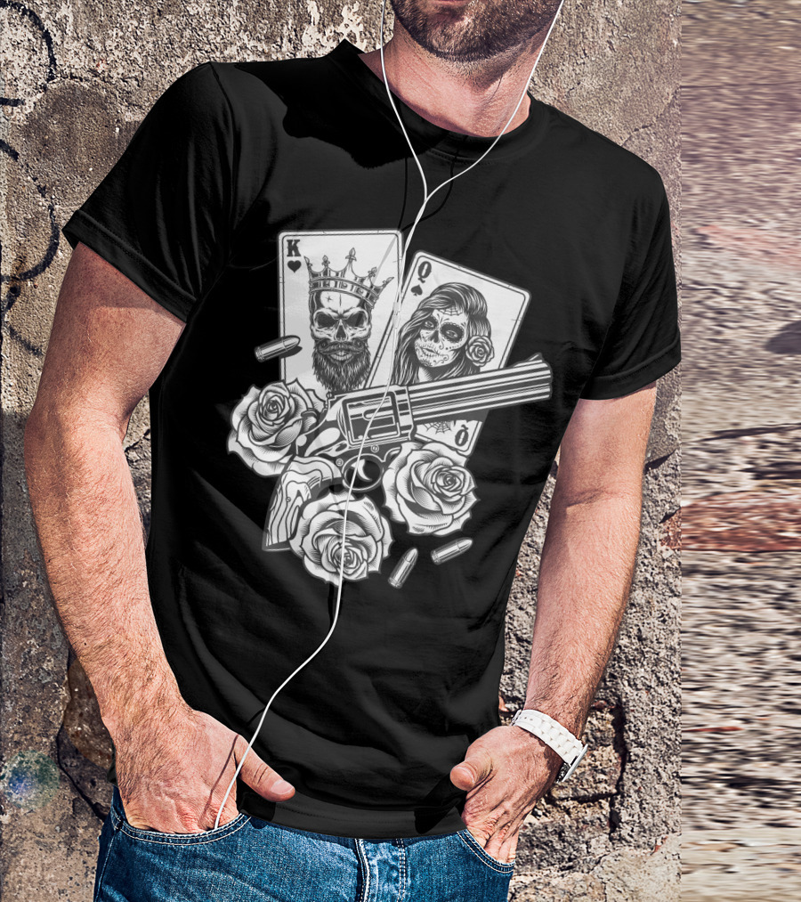 Hippie V Dead Rainbow Bertha Tie Dye King Queen Playing Cards Skulls Gun Roses Bullets T-Shirt