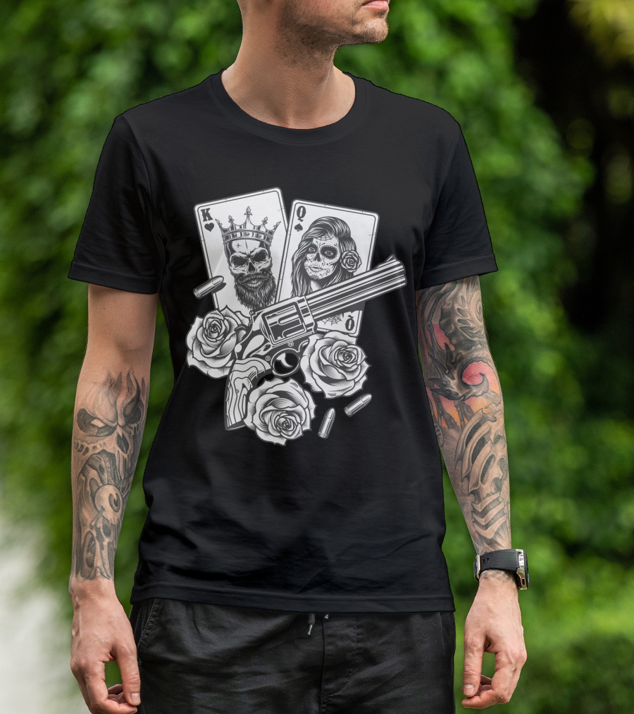 Hippie V Dead Rainbow Bertha Tie Dye King Queen Playing Cards Skulls Gun Roses Bullets T-Shirt