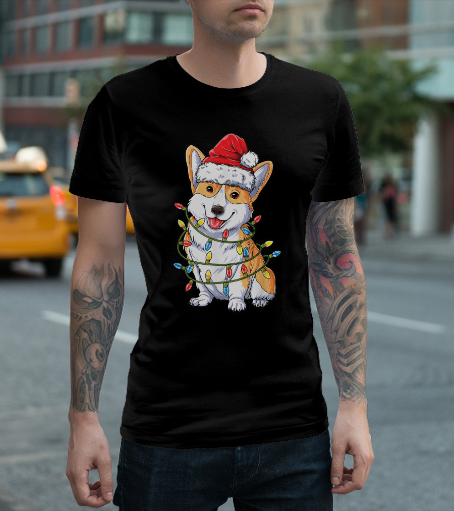 Corgi Dog Christmas Lights Ugly Sweater Santa Hat T-Shirt