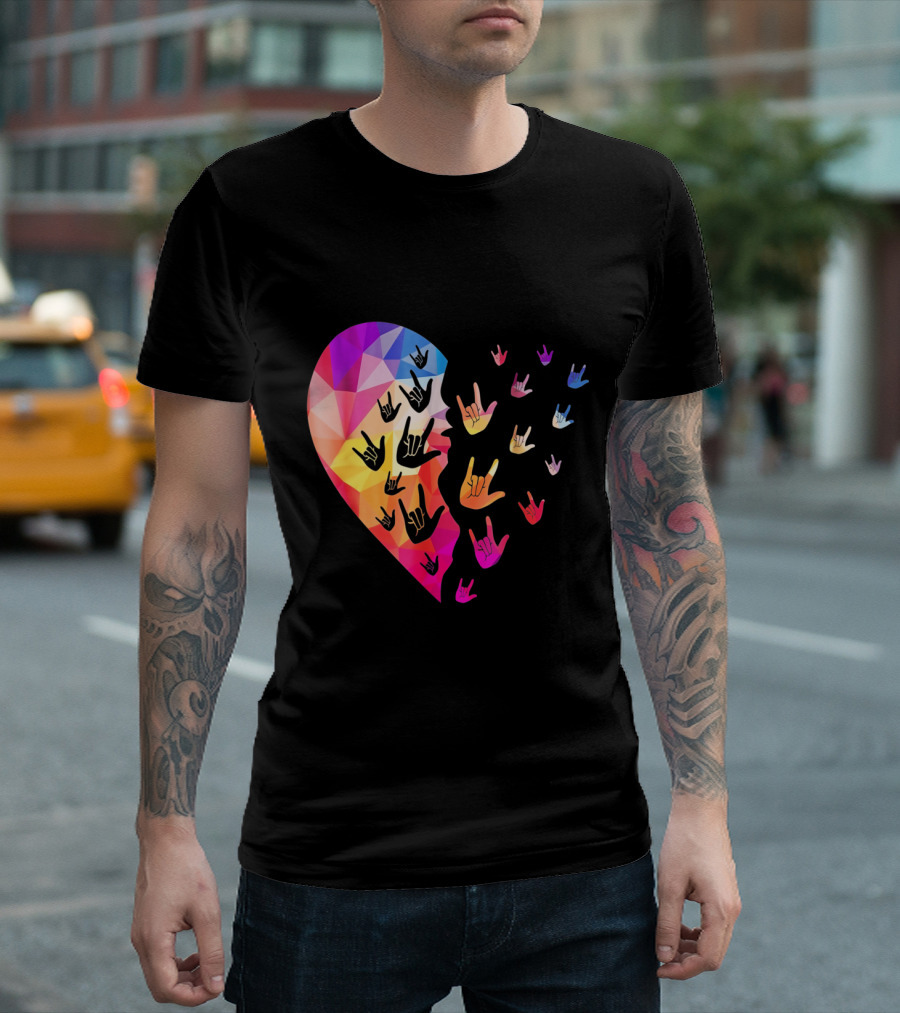 Broken Geometric Heart with Colorful Sign Language Hands T-Shirt