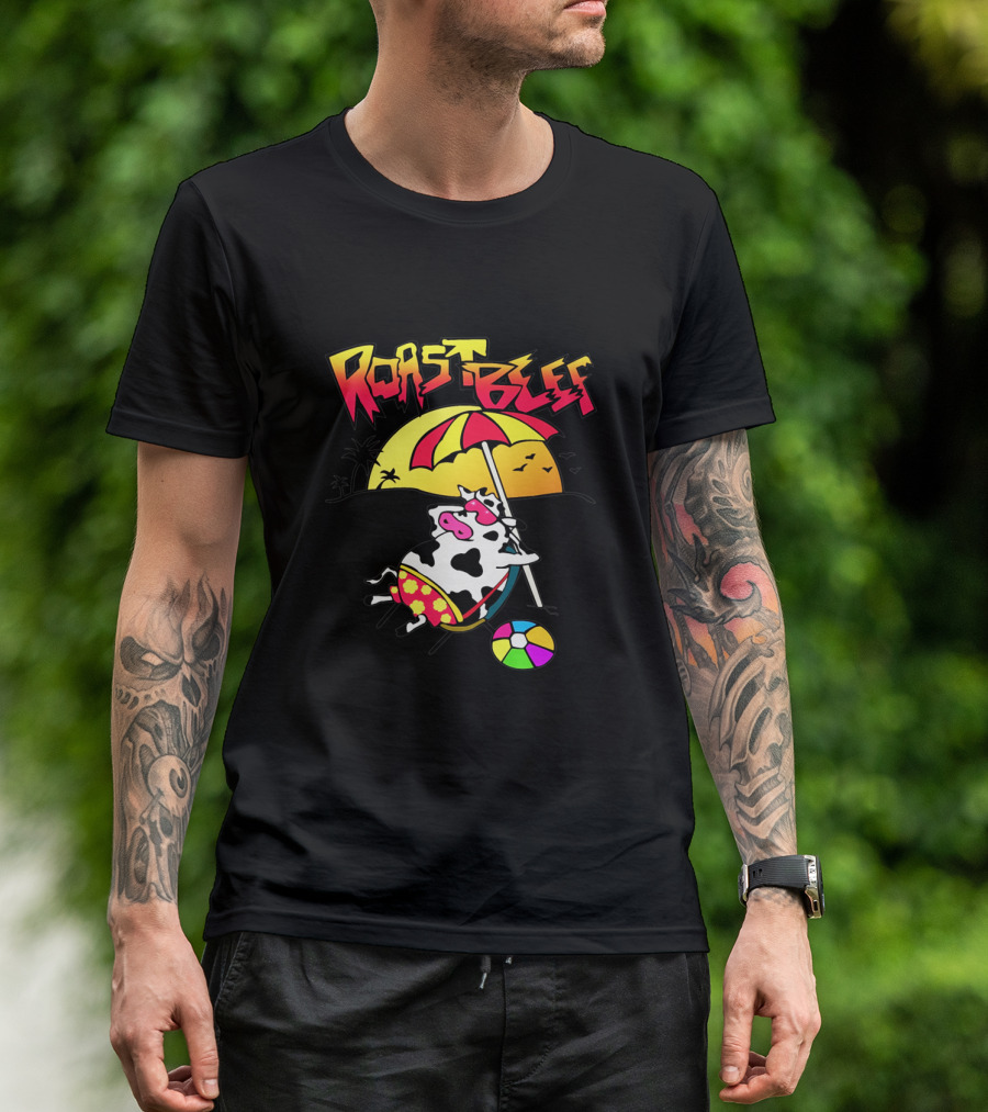 Roast Beef Sunset Cow With Umbrella And Beach Ball Fun T-Shirt