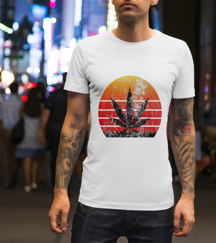 Vintage Sunset Marijuana Weed Leaf T-Shirt