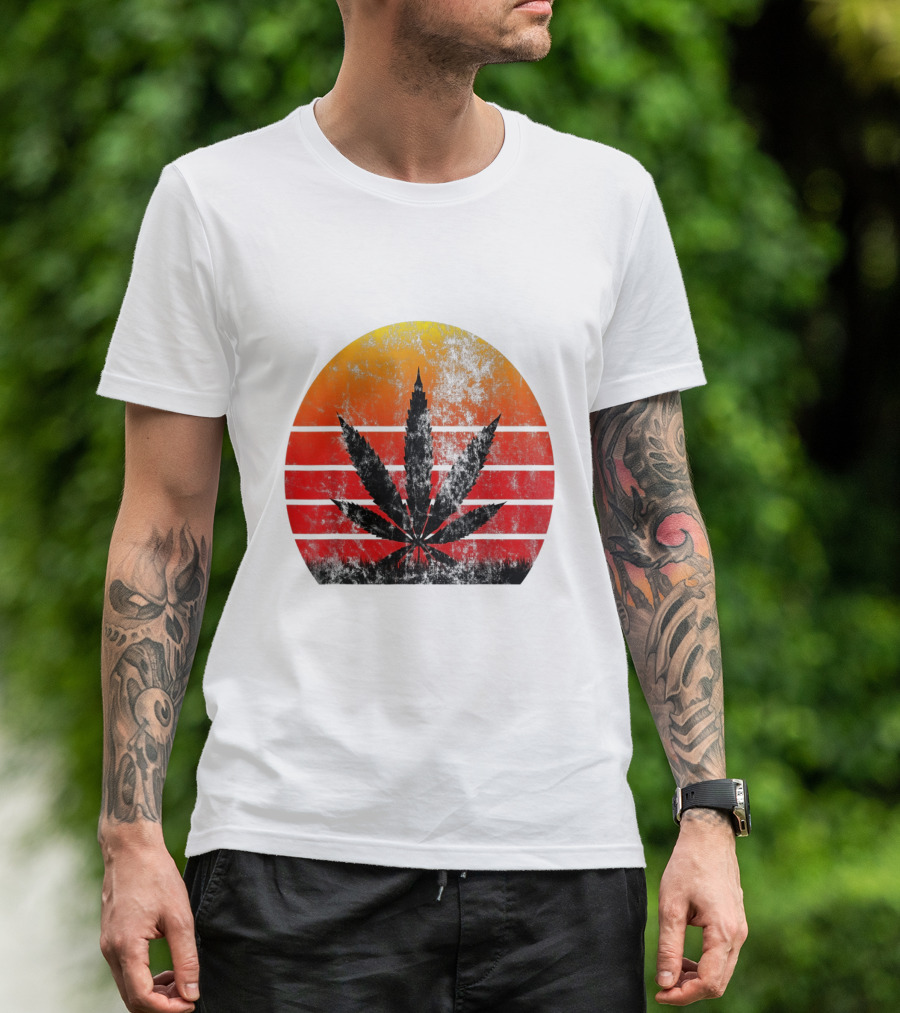 Vintage Sunset Marijuana Weed Leaf T-Shirt