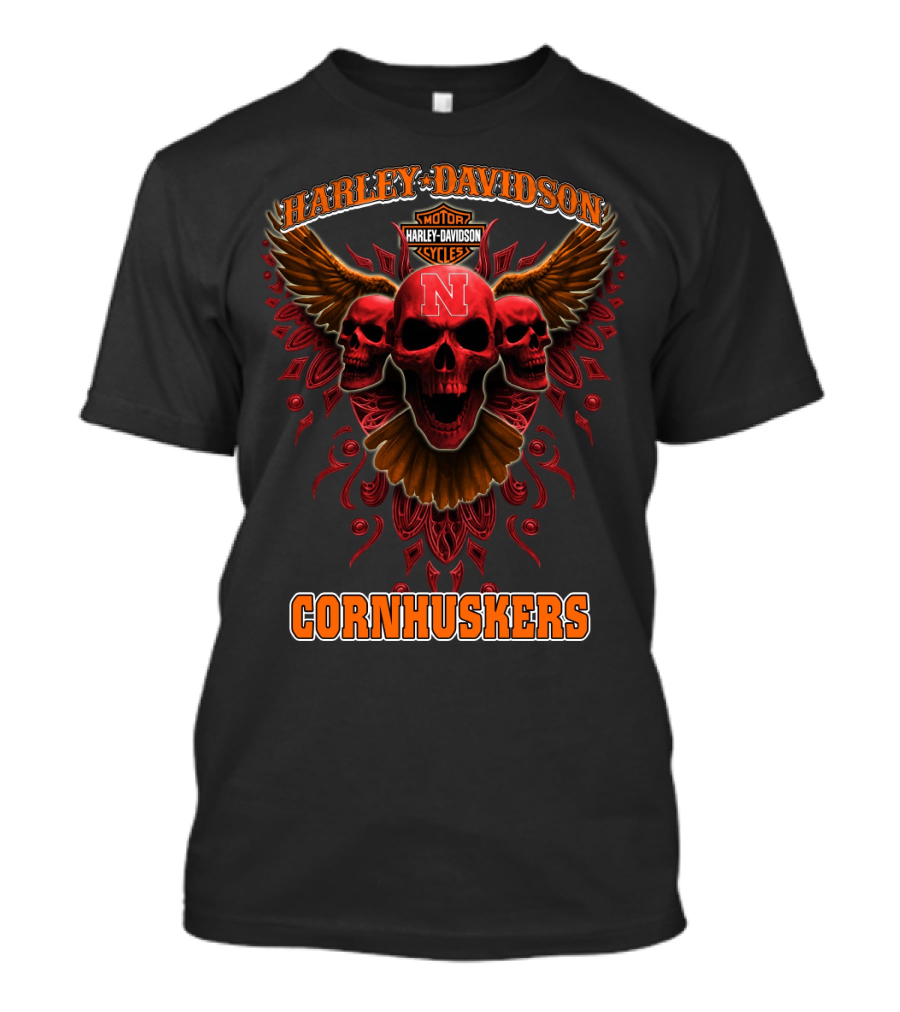 Harley Davidson Motor Cornhuskers Nebraska Skulls Ncaa T-Shirt