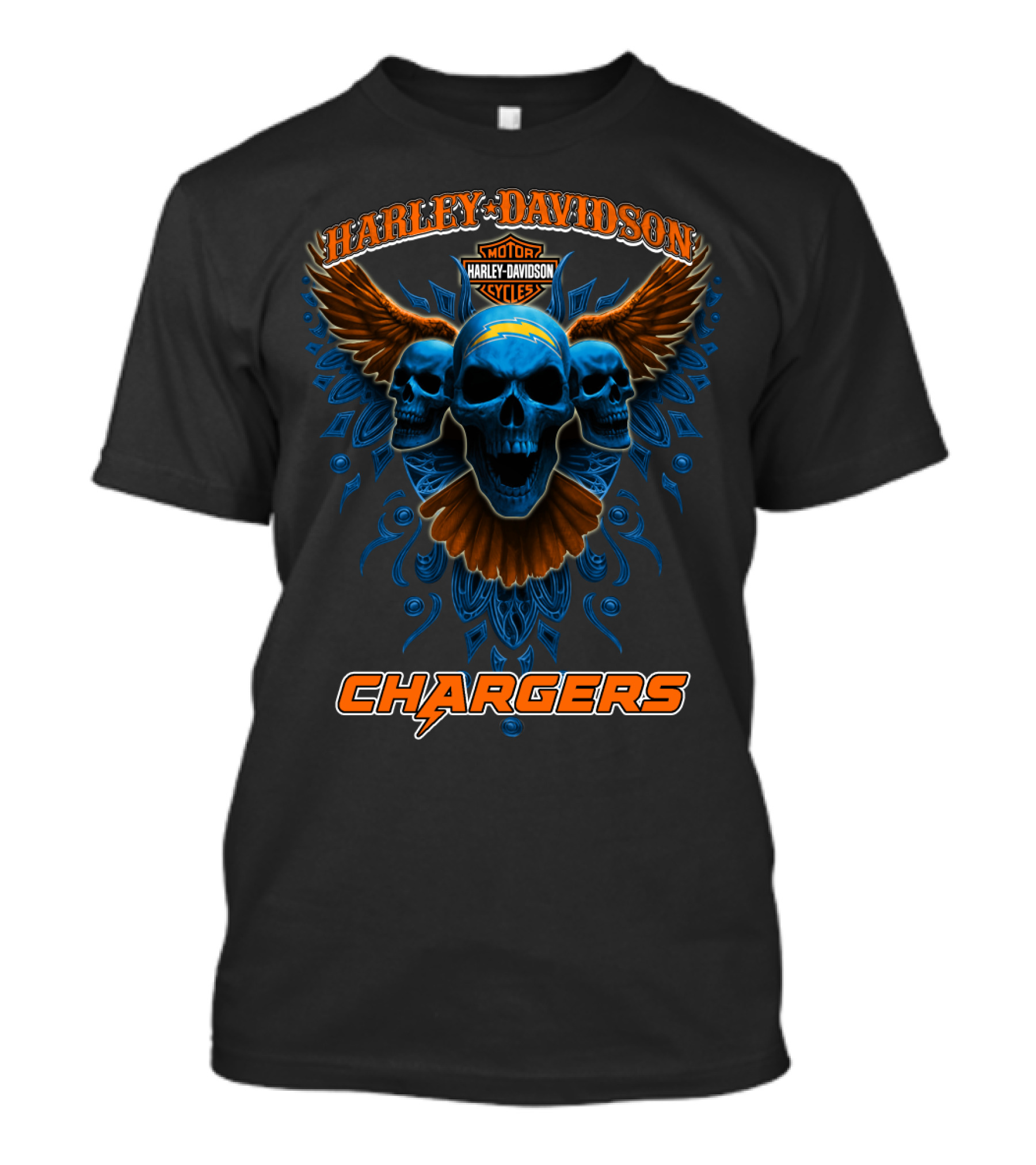 Harley Davidson Motor Cycles Chargers Skulls Wings Orange Blue T-Shirt