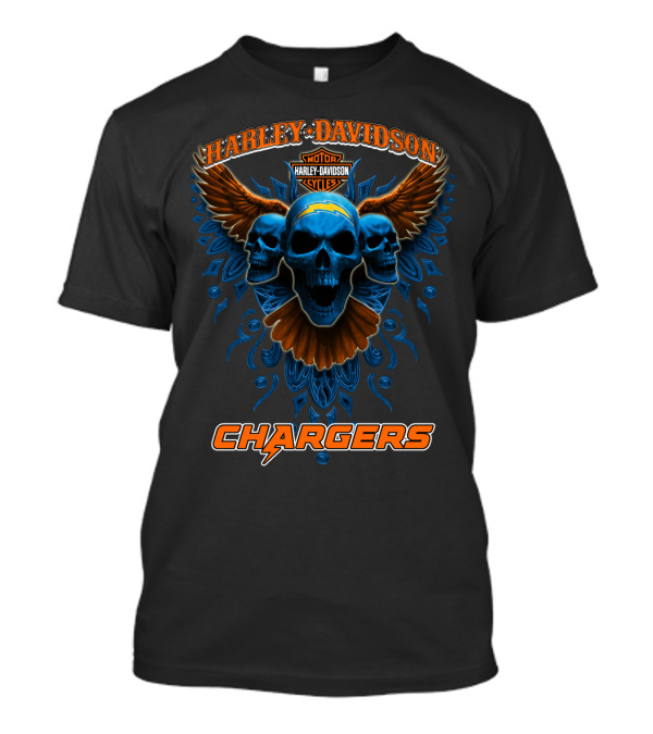 Harley Davidson Motor Cycles Chargers Skulls Wings Orange Blue T-Shirt
