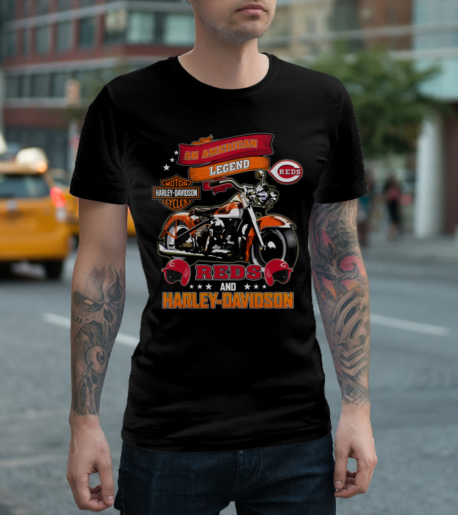 An American Legend Reds And Harley Davidson Motorcycle Mlb T-Shirt