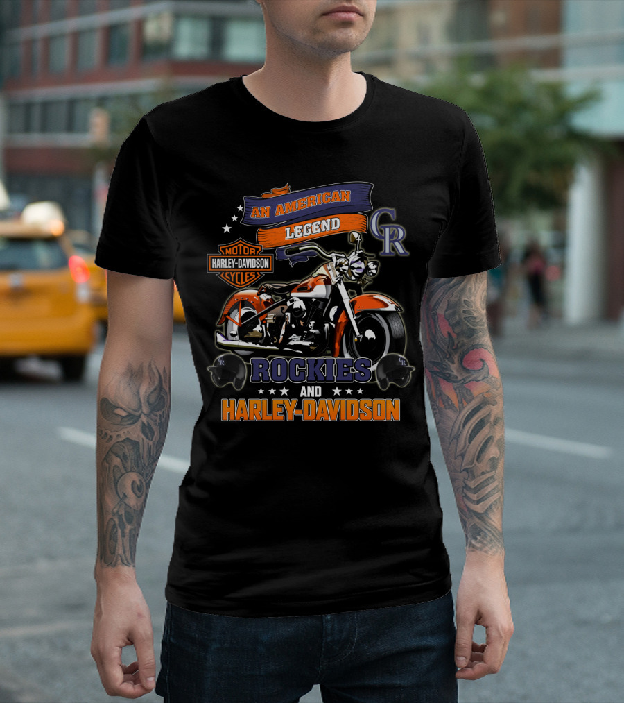 An American Legend Rockies And Harley Davidson Motor Cycles T-Shirt