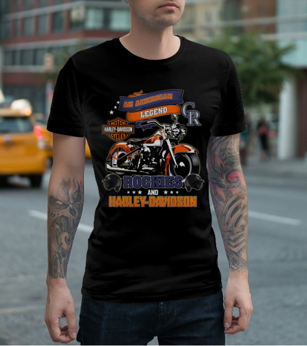 An American Legend Rockies And Harley Davidson Motor Cycles T-Shirt