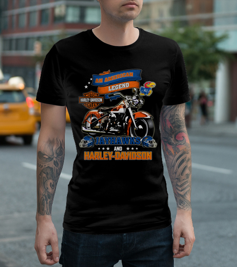 Kansas Jayhawks An American Legend Harley Davidson Motor Cycles Ku Football Helmets T-Shirt