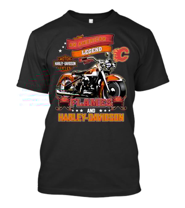 An American Legend Flames And Harley Davidson Calgary Nhl T-Shirt