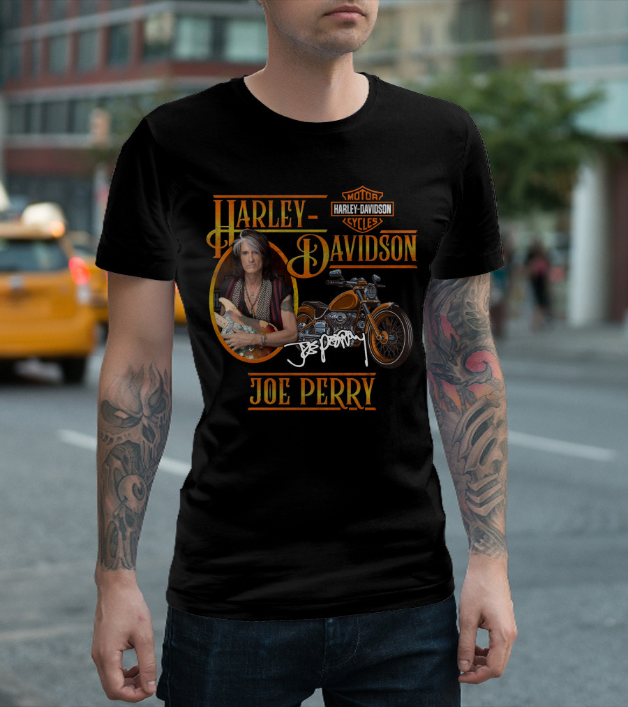 Harley Davidson Motorcycles Joe Perry Signature With Guitar And Motorcycle T-Shirt