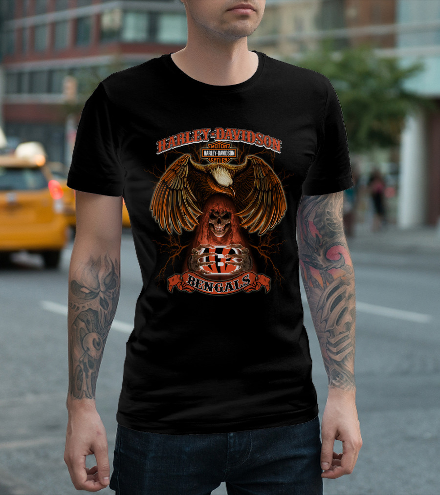 Harley Davidson Motor Cycles Cincinnati Bengals Eagle Skull T-Shirt