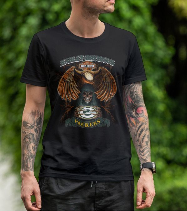 Harley Davidson Motor Cycles Packers Eagle Skull T-Shirt