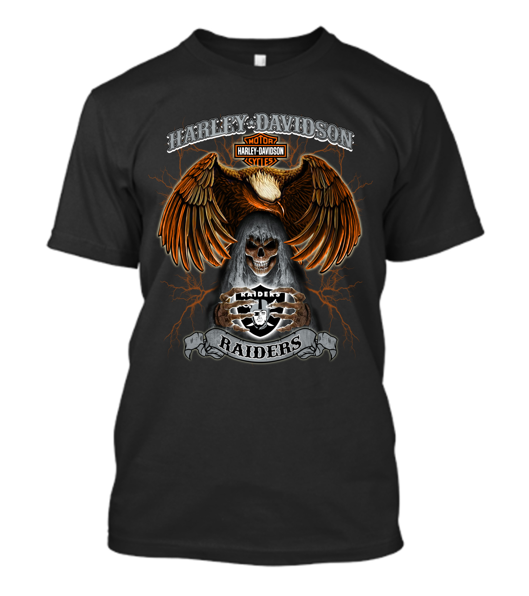 Harley Davidson Raiders Nfl Motorcycle Skull Eagle Lightning T-Shirt