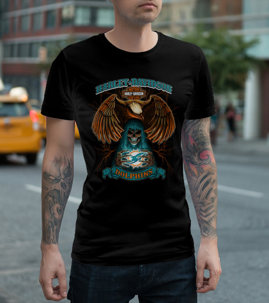 Harley Davidson Miami Dolphins Nfl Skull And Eagle Theme T-Shirt