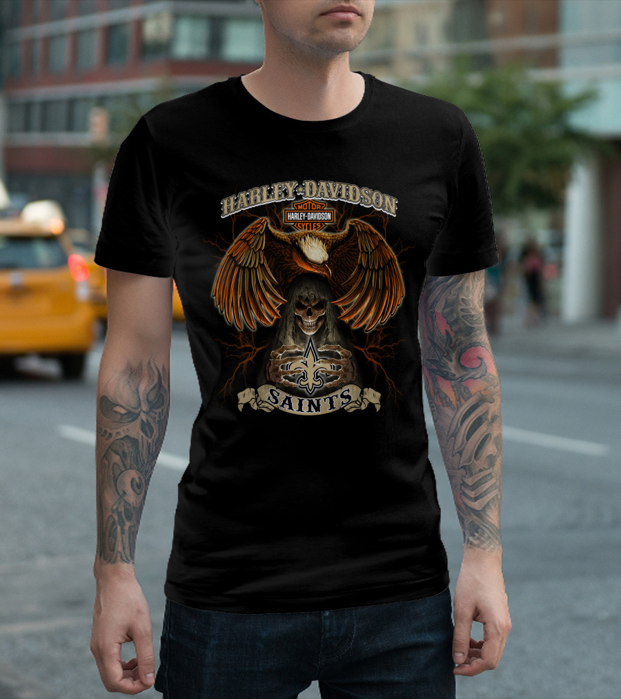 Harley Davidson Motorcycles Eagle Skull Saints Fleur-De-Lis T-Shirt