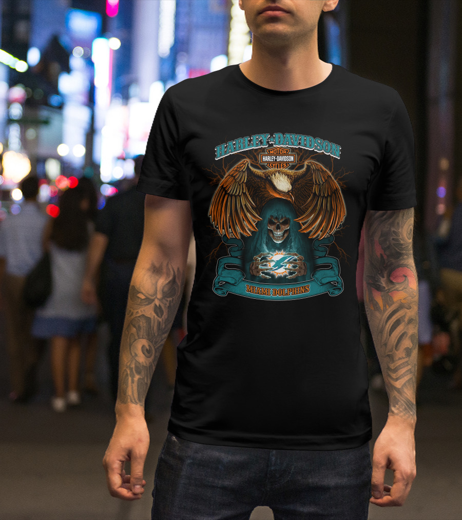 Harley Davidson Motorcycles Miami Dolphins Eagle Skull T-Shirt