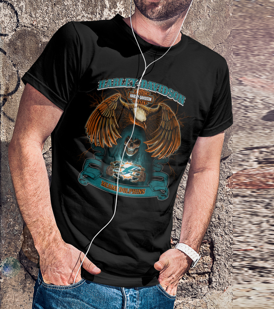 Harley Davidson Motorcycles Miami Dolphins Eagle Skull T-Shirt