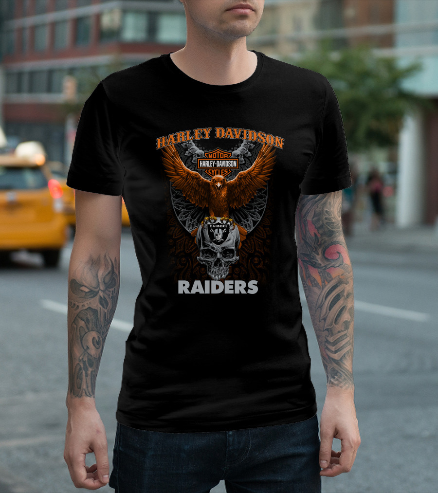 Harley Davidson Motor Cycles Raiders Eagle Skull Las Vegas Raiders Nfl T-Shirt