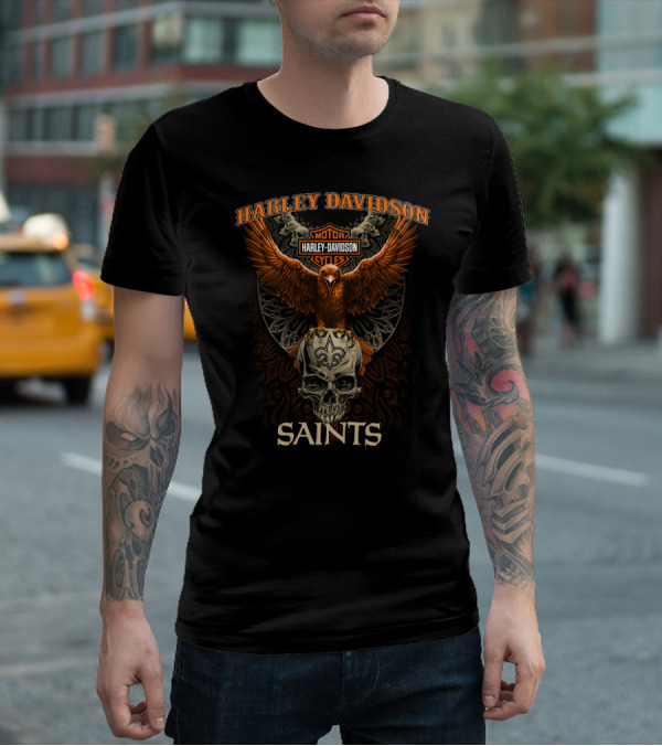 Harley Davidson Motorcycles New Orleans Saints Skull Eagle T-Shirt