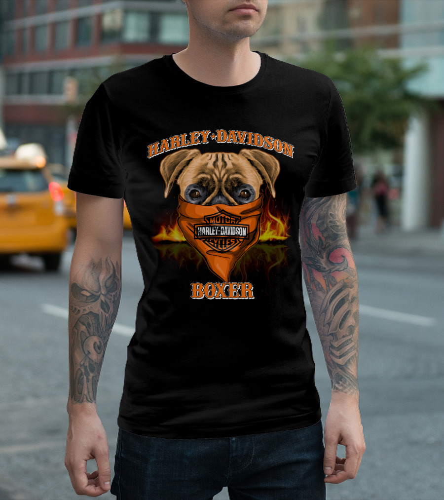 Harley Davidson Motorcycles Boxer Dog In Bandana With Flames T-Shirt