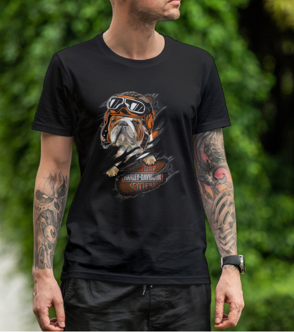 Bulldog With Helmet And Goggles Harley Davidson Cycles T-Shirt