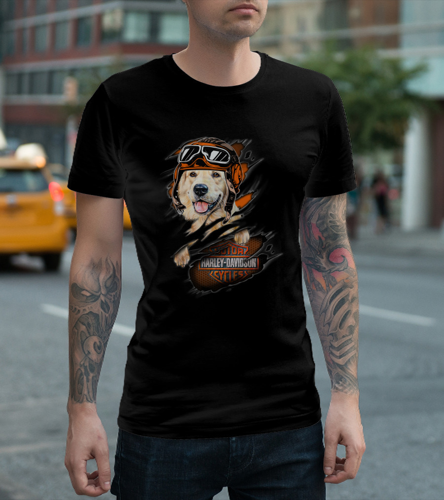 Golden Retriever Wearing Biker Helmet With Harley Davidson Motorcycles T-Shirt