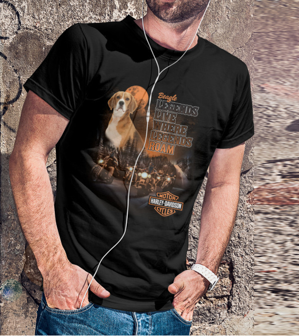 Beagle Legends Live Where Legends Roam Harley Davidson Cycles Moonlit Night T-Shirt