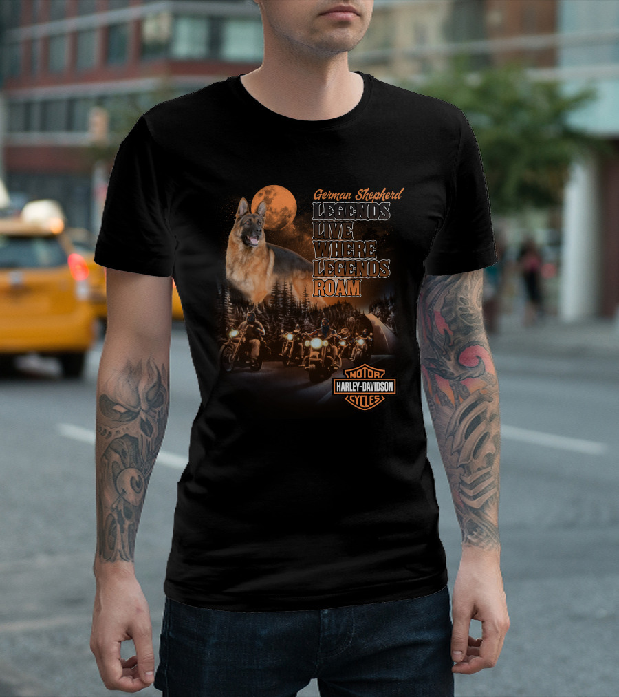 German Shepherd Harley Davidson Legends Live Where Legends Roam T-Shirt