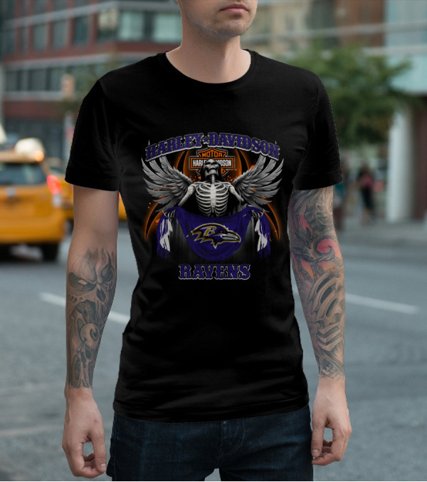 Harley Davidson Skeleton Wings Baltimore Ravens T-Shirt