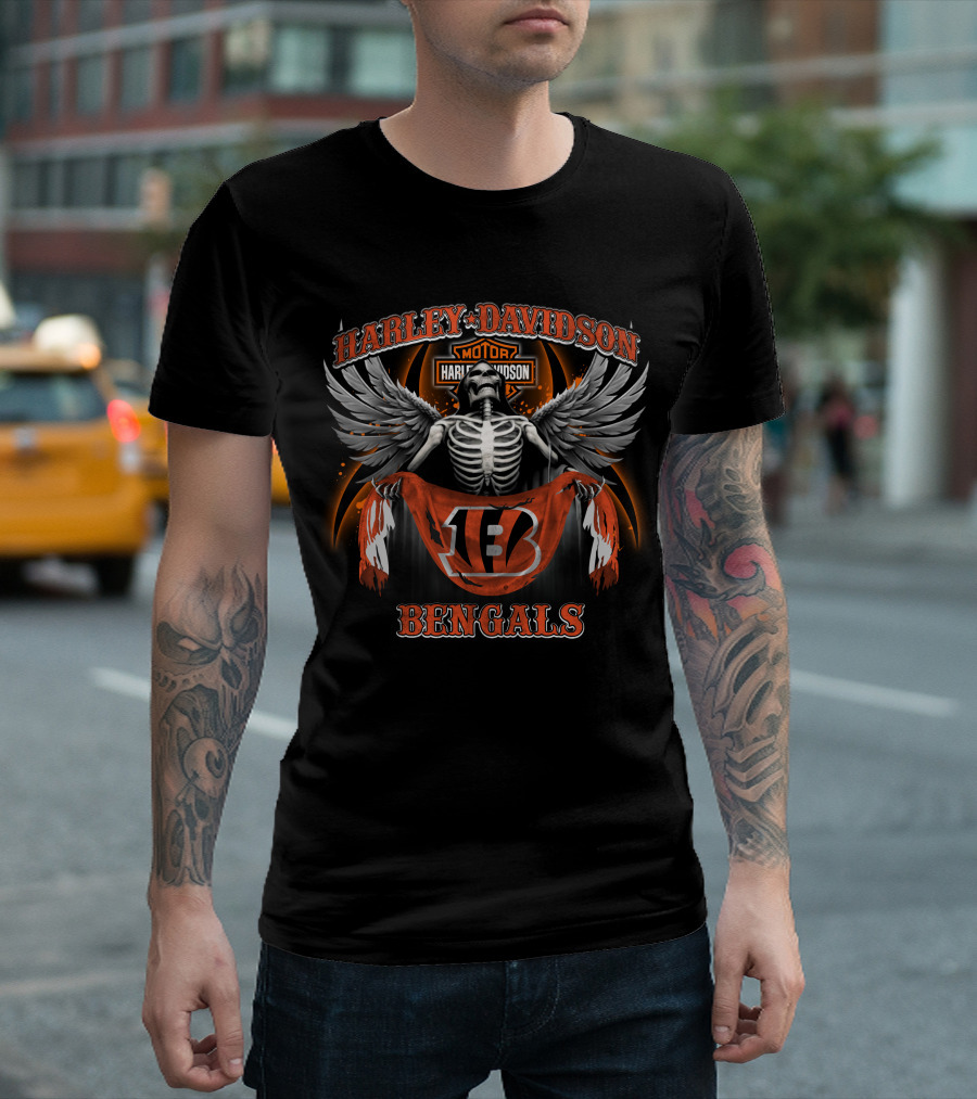 Harley Davidson Motor Cincinnati Bengals Skeleton Wings T-Shirt