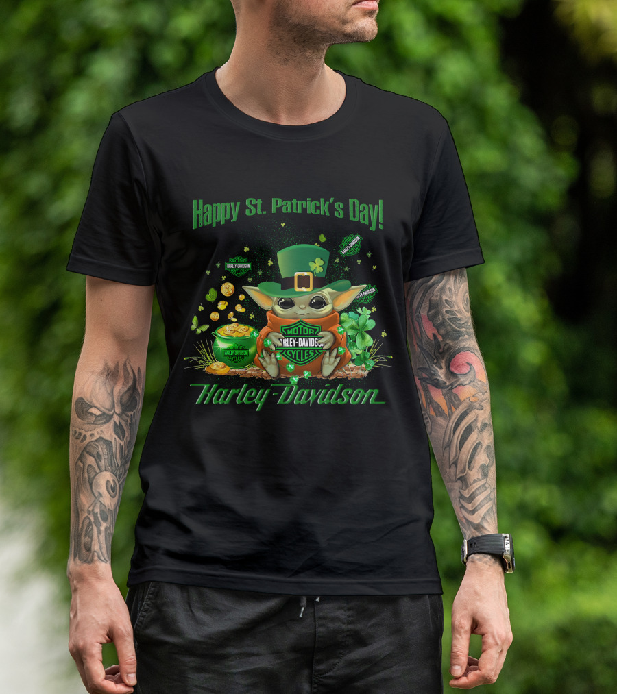 Happy St. Patrick's Day Baby Yoda Harley Davidson T-Shirt
