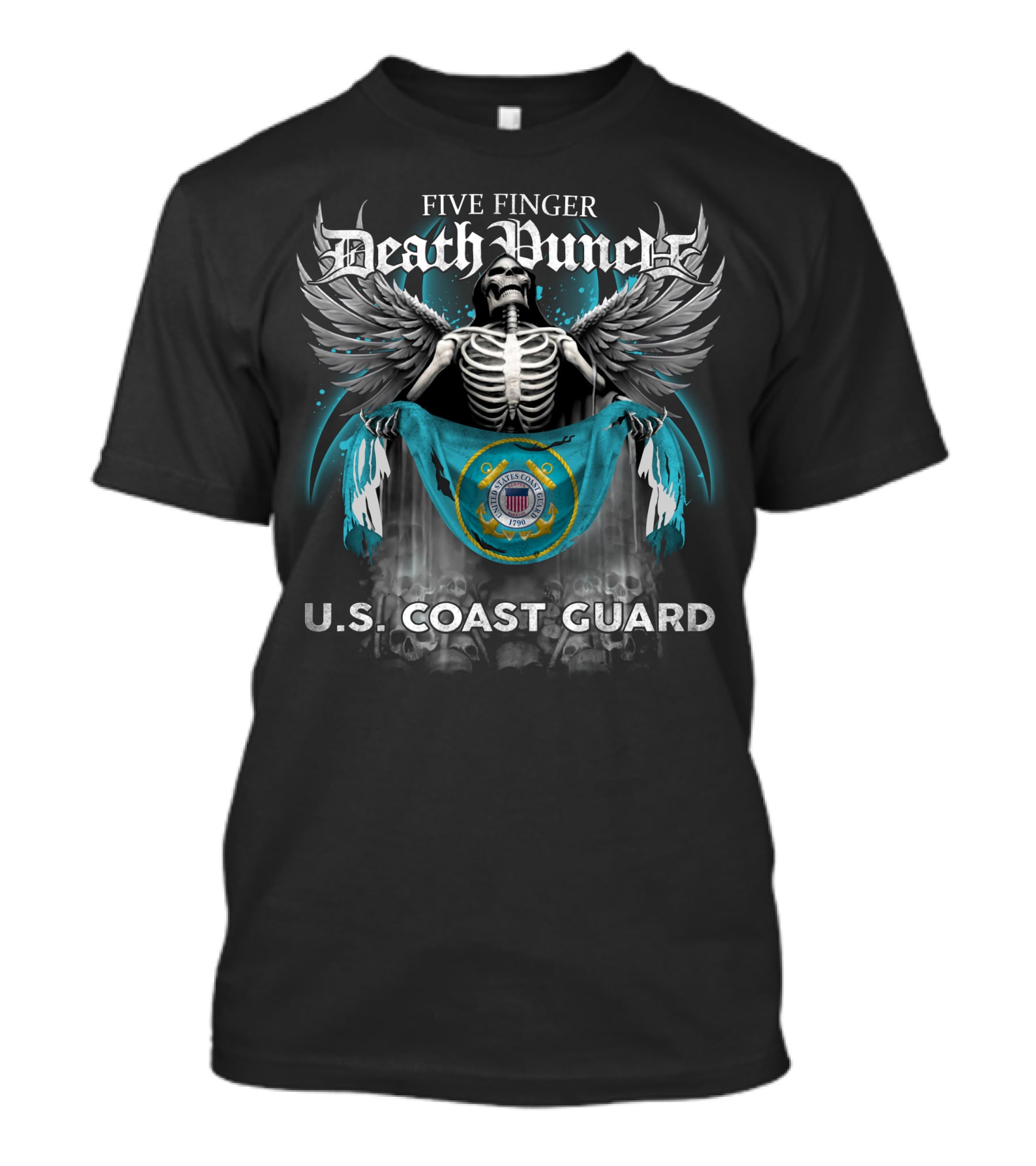 Five Finger Death Punch Skeleton With Wings Holding United States Coast Guard Flag And Emblem T-Shirt